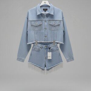 Forever 21 2PC Denim Set XL Cropped Jacket + Fringe Shorts Light Wash Rhinestone